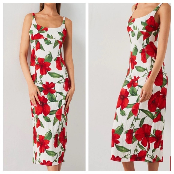 Mango Dulce Ivory and Red Floral Midi Dress Size 10 Tropical Resort Vacation - Picture 1 of 12